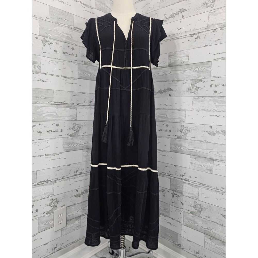 See And Be Seen Black Cotton Embroidered Tassel Maxi Dress Womens Small